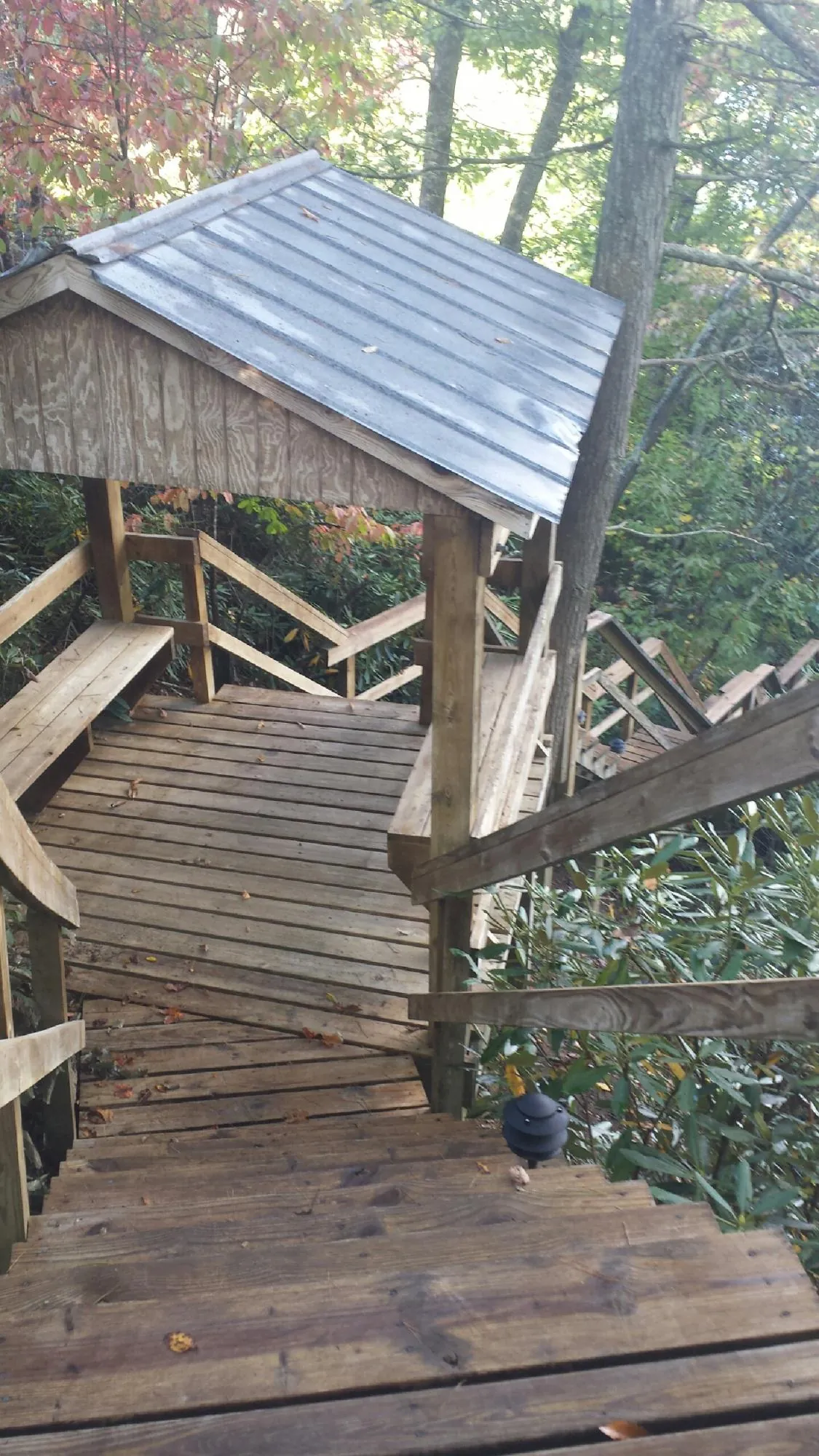 Metal roofed shelter over wooden steps on a wooded walkway — Skylight Repair & Installation work by our crew in Cody